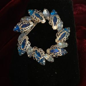 Estate Vintage Blue Rhinestone and Silver Filigree Brooch Pin, 1960’s Juliana?